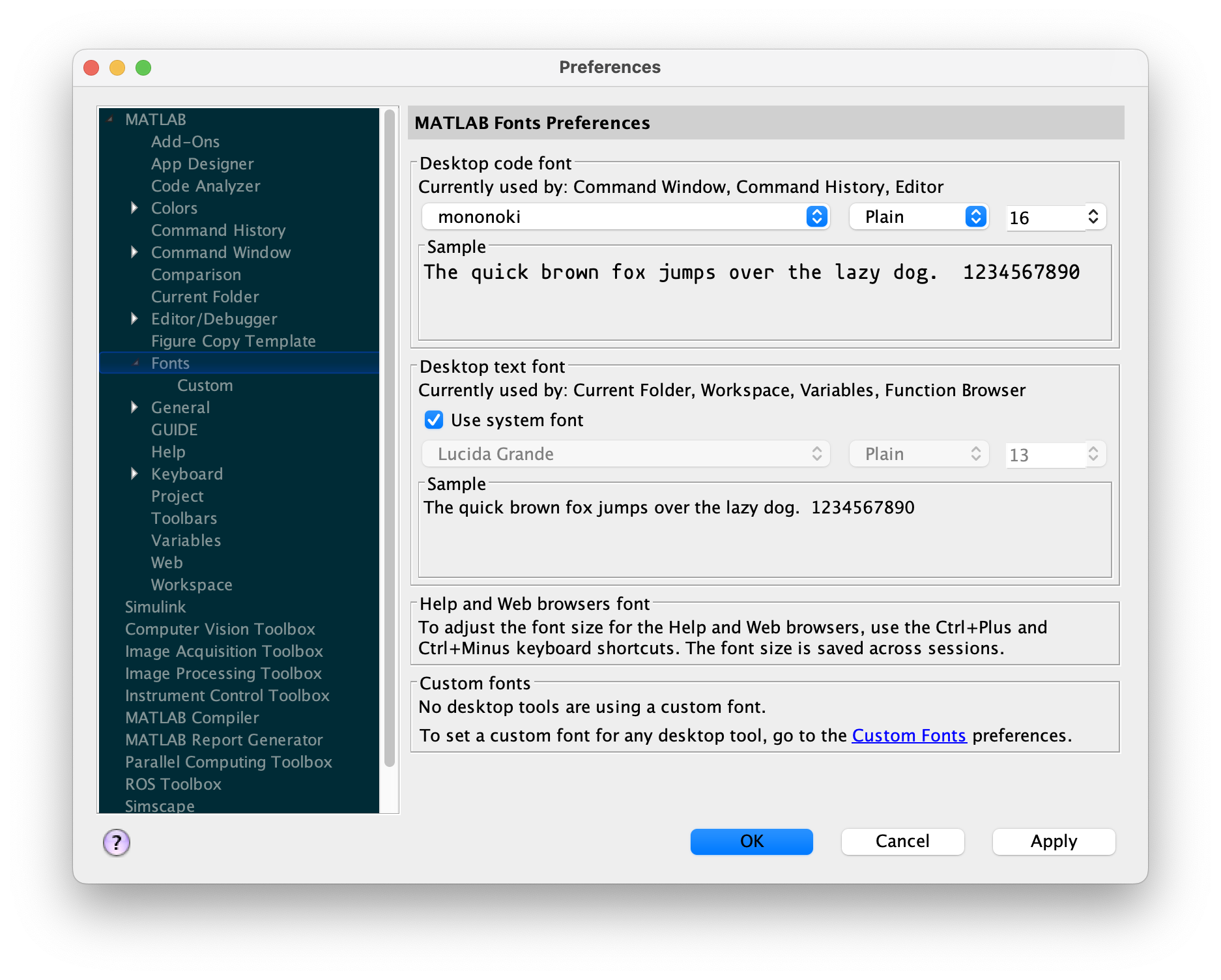 Font size preference options